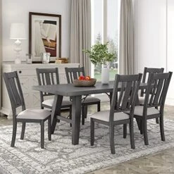 UBGO Dining Table Set 7-Piece Set-72 Industrial Style Rectangular Chain Bracket Chairs,Family Furniture For 6 People,for Home Kitchen Room/Breakfast Corner(Gray)