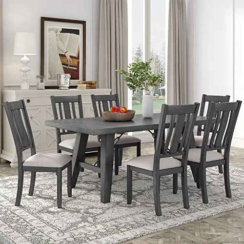UBGO Dining Table Set 7-Piece Set-72 Industrial Style Rectangular Chain Bracket Chairs,Family Furniture For 6 People,for Home Kitchen Room/Breakfast Corner(Gray) 3 UBGO Dining Table Set 7-Piece Set-72 Industrial Style Rectangular Chain Bracket Chairs,Family Furniture For 6 People,for Home Kitchen Room/Breakfast Corner(Gray)