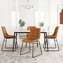 LUE BONA Faux Tufted Leather Dining Chairs, Upholstered Checkered Pattern Leather And Metal Legs, For Kitchen Island, Restaurant, Coffee Shop, 18" Set Of 4, Red Brown -Home Table Chair Store 51kpXxa3AlL. AC