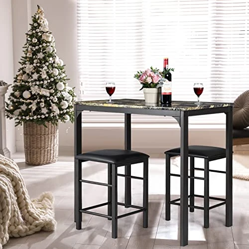 COSTWAY 3 Pieces Dining Table Set, 2 Person Kitchen Breakfast Table And Chair Set Pub Table And Chairs Set, Counter Height Dining Table Set With 2 Bar Stools (Black&Beige) 4 COSTWAY 3 Pieces Dining Table Set, 2 Person Kitchen Breakfast Table And Chair Set Pub Table And Chairs Set, Counter Height Dining Table Set With 2 Bar Stools (Black&Beige) - Image 2