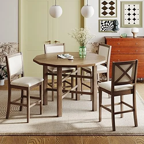 P PURLOVE 5-Piece Round Dining Table Set For 4, Retro Style Kitchen Table Set With Curved Trestle Style Table Legs And 4 Upholstered Chairs For Dining Room, Kitchen Room 12 P PURLOVE 5-Piece Round Dining Table Set For 4, Retro Style Kitchen Table Set With Curved Trestle Style Table Legs And 4 Upholstered Chairs For Dining Room, Kitchen Room - Image 10