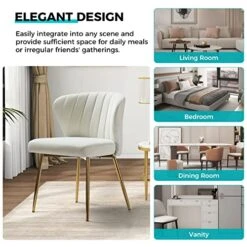 HULALA HOME Velvet Dining Chairs, Modern Small Armless Accent Chair With Gold Metal Legs, Living Room Upholstered Cute Side Chair, Elegant Tufted Back Vanity Chair For Bedroom/Beauty Room-Ivory -Home Table Chair Store 51lnQGNzQ5L