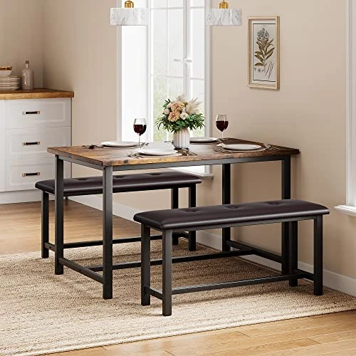 Amyove Dining Table Set For 4, Kitchen Table With 2 Benches, 3 Piece Dining Room Table Set With Upholstered Benches, Space-Saving Kitchen Table Set For Small Space, Apartment, Studio, Rustic Brown 5 Amyove Dining Table Set For 4, Kitchen Table With 2 Benches, 3 Piece Dining Room Table Set With Upholstered Benches, Space-Saving Kitchen Table Set For Small Space, Apartment, Studio, Rustic Brown - Image 3