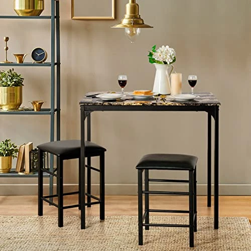 COSTWAY 3 Pieces Dining Table Set, 2 Person Kitchen Breakfast Table And Chair Set Pub Table And Chairs Set, Counter Height Dining Table Set With 2 Bar Stools (Black&Beige) 5 COSTWAY 3 Pieces Dining Table Set, 2 Person Kitchen Breakfast Table And Chair Set Pub Table And Chairs Set, Counter Height Dining Table Set With 2 Bar Stools (Black&Beige) - Image 3