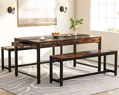 Tribesigns Dining Table Set For 4 To 6, 63 Inch Kitchen Breakfast Table With 2 Benches & Sided Drawer, 3-Piece Modern Industrial Bar Table Furniture Set For Dining Room, Home, Rustic Brown & Black 8 Tribesigns Dining Table Set For 4 To 6, 63 Inch Kitchen Breakfast Table With 2 Benches & Sided Drawer, 3-Piece Modern Industrial Bar Table Furniture Set For Dining Room, Home, Rustic Brown & Black - Image 6