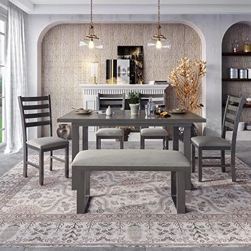 LZ LEISURE ZONE 6 Piece Wooden Dining Table Set With Bench And 4 Dining Chairs, Kitchen Table Set Family Furniture For 6 People (Antique Graywash) 13 LZ LEISURE ZONE 6 Piece Wooden Dining Table Set With Bench And 4 Dining Chairs, Kitchen Table Set Family Furniture For 6 People (Antique Graywash) - Image 11