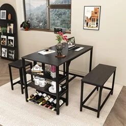 Rxicdeo Dining Table Set For 4, Kitchen Table Set With 1 Bench And 2 Chairs, Dining Room Table With Wine Rack And Storage Shelf, Breakfast Table Space-Saving Dinette For Kitchen, Dining Room (Black)