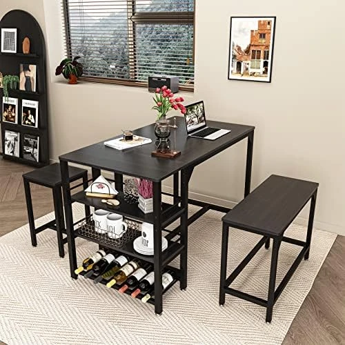 Rxicdeo Dining Table Set For 4, Kitchen Table Set With 1 Bench And 2 Chairs, Dining Room Table With Wine Rack And Storage Shelf, Breakfast Table Space-Saving Dinette For Kitchen, Dining Room (Black) 7 Rxicdeo Dining Table Set For 4, Kitchen Table Set With 1 Bench And 2 Chairs, Dining Room Table With Wine Rack And Storage Shelf, Breakfast Table Space-Saving Dinette For Kitchen, Dining Room (Black) - Image 5