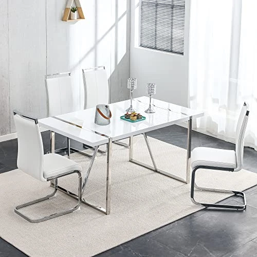 NYEESS Modern Dining Table Set For 4, 5-Piece Kitchen Dining Table Set, Wood Dining Table And Leather Dining Chairs Set For 4 Suitable For Dining Room, Kitchen (White, 1*Table+4*Chairs) 3 NYEESS Modern Dining Table Set For 4, 5-Piece Kitchen Dining Table Set, Wood Dining Table And Leather Dining Chairs Set For 4 Suitable For Dining Room, Kitchen (White, 1*Table+4*Chairs)
