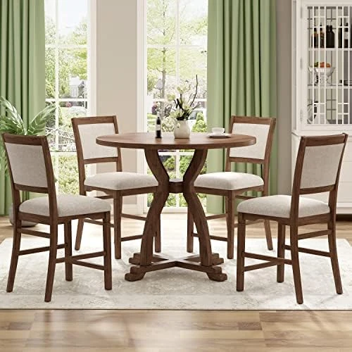 P PURLOVE 5-Piece Round Dining Table Set For 4, Retro Style Kitchen Table Set With Curved Trestle Style Table Legs And 4 Upholstered Chairs For Dining Room, Kitchen Room 11 P PURLOVE 5-Piece Round Dining Table Set For 4, Retro Style Kitchen Table Set With Curved Trestle Style Table Legs And 4 Upholstered Chairs For Dining Room, Kitchen Room - Image 9