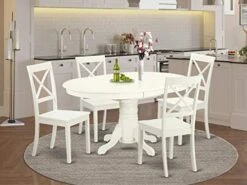 East West Furniture AVBO7-OAK-W Kitchen Set 6 Amazing Room Chairs-A Stunning Round Color Wooden Seat Oak Butterfly Leaf Modern Dining Table -Home Table Chair Store 51rYab0ZZ4L. AC