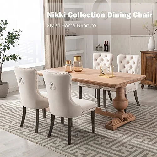 Civama Dining Chairs Set Of 6, Velvet Nikki Collection Dining Room Chair Upholstered Modern Luxury Tufted With Nailhead Trim Back Pull Ring Solid Wooden Legs, Beige 7 Civama Dining Chairs Set Of 6, Velvet Nikki Collection Dining Room Chair Upholstered Modern Luxury Tufted With Nailhead Trim Back Pull Ring Solid Wooden Legs, Beige - Image 5