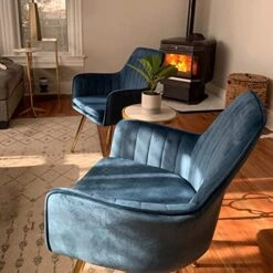 DMF Modern Velvet Accent Chair Set Of 2 High Back Elegant Dinning Chairs With Arms In Living Guest Room (Blue Set Of 2)