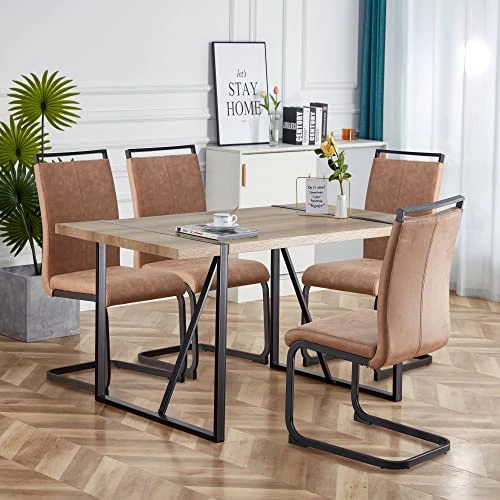 NYEESS 55 In Modern Dining Table Set For 4,Kitchen Table Set,Modern Dining Room Sets For 4,Wood Dining Table And Tech Cloth Dining Chair 4-Piece Set Suitable For Dining Room,Kitchen (Brown + Linen) 5 NYEESS 55 In Modern Dining Table Set For 4,Kitchen Table Set,Modern Dining Room Sets For 4,Wood Dining Table And Tech Cloth Dining Chair 4-Piece Set Suitable For Dining Room,Kitchen (Brown + Linen) - Image 3