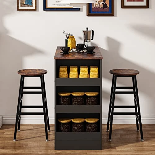 Bigbiglife Table And Chairs Set For 2, Industrial Bar Table And Chairs Set With 3 Storage And 2 Stools, Morden Kitchen Counter Height Dining Table Set, Rustic Brown 4 Bigbiglife Table And Chairs Set For 2, Industrial Bar Table And Chairs Set With 3 Storage And 2 Stools, Morden Kitchen Counter Height Dining Table Set, Rustic Brown - Image 2