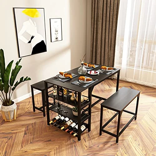 Rxicdeo Dining Table Set For 4, Kitchen Table Set With 1 Bench And 2 Chairs, Dining Room Table With Wine Rack And Storage Shelf, Breakfast Table Space-Saving Dinette For Kitchen, Dining Room (Black) 5 Rxicdeo Dining Table Set For 4, Kitchen Table Set With 1 Bench And 2 Chairs, Dining Room Table With Wine Rack And Storage Shelf, Breakfast Table Space-Saving Dinette For Kitchen, Dining Room (Black) - Image 3