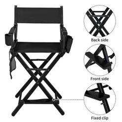 OmySalon Upgraded 24" Height Tall Director Chair Folding Artist Makeup With Replacement Cover Canvas, Storage Side Bags, Portable Footrest, Support 250 Lbs,Solid Hardwood & Polyester Black -Home Table Chair Store 51u9450LVYL