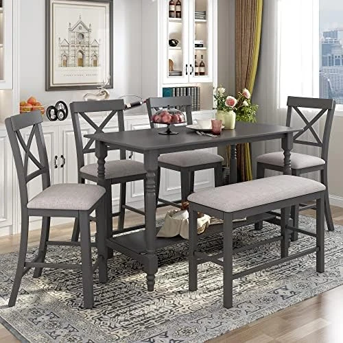 Merax 6 Piece Kitchen Dining Table Set, Wooden Rectangular Dining Table With Upholstered Bench And 4 Chairs, Dining Room Table Set For 6 People, Living Room Furniture (Gray, Cushions) 14 Merax 6 Piece Kitchen Dining Table Set, Wooden Rectangular Dining Table With Upholstered Bench And 4 Chairs, Dining Room Table Set For 6 People, Living Room Furniture (Gray, Cushions) - Image 12