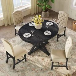 Merax 5 Piece Kitchen Dining Table Set, Wood Round Dining Table Set With Extendable Table And 4 Upholstered Chairs For Dining Room And Living Room, Functional Furniture Retro Style (Natural) -Home Table Chair Store 51up7YxHouL. AC