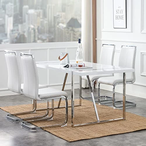NYEESS Modern Dining Table Set For 4, 5-Piece Kitchen Dining Table Set, Wood Dining Table And Leather Dining Chairs Set For 4 Suitable For Dining Room, Kitchen (White, 1*Table+4*Chairs) 4 NYEESS Modern Dining Table Set For 4, 5-Piece Kitchen Dining Table Set, Wood Dining Table And Leather Dining Chairs Set For 4 Suitable For Dining Room, Kitchen (White, 1*Table+4*Chairs) - Image 2