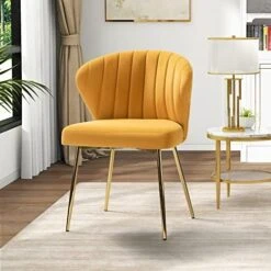 HULALA HOME Velvet Dining Chairs, Modern Small Armless Accent Chair With Gold Metal Legs, Living Room Upholstered Cute Side Chair, Elegant Tufted Back Vanity Chair For Bedroom/Beauty Room-Ivory -Home Table Chair Store 51v9r35Xj3L. AC