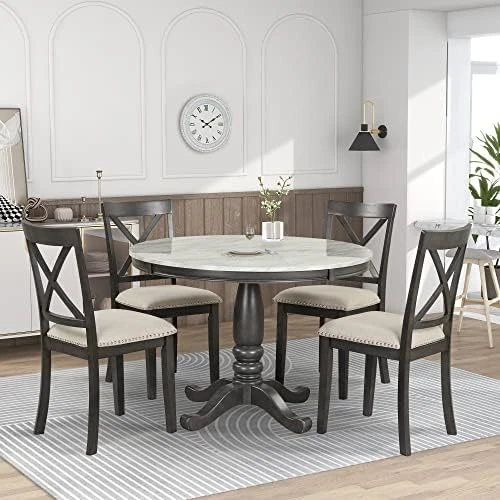 5 Piece Round Dining Table Set, Marble Top Kitchen Table Sets Dinette Set For 4 Include Marble Veneer Round Kitchen Table And 4 Chairs For Small Space (White) 9 5 Piece Round Dining Table Set, Marble Top Kitchen Table Sets Dinette Set For 4 Include Marble Veneer Round Kitchen Table And 4 Chairs For Small Space (White) - Image 7