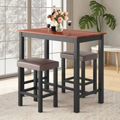 COSTWAY 3 Pieces Dining Table And Chair Set, Counter Height Wood Breakfast Table Set With 2 Upholstered Stools, Industrial Wood Kitchen Table Set For Bar Bistro,Living Room, Restaurant
