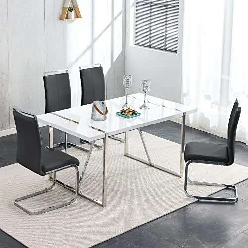 NYEESS Modern Dining Table Set For 4, 5-Piece Kitchen Dining Table Set, Wood Dining Table And Leather Dining Chairs Set For 4 Suitable For Dining Room, Kitchen (White, 1*Table+4*Chairs) 10 NYEESS Modern Dining Table Set For 4, 5-Piece Kitchen Dining Table Set, Wood Dining Table And Leather Dining Chairs Set For 4 Suitable For Dining Room, Kitchen (White, 1*Table+4*Chairs) - Image 8