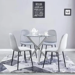 GENERIC 5-Piece Glass Dining Table Set, Compact Mid-Century Modern Table & Chair Set For Home, Apartment W/ 4 Side Chairs, Tempered Glass Top, Metal Legs And Frame (Gold Table With 234) -Home Table Chair Store 51vvY98ASlL. AC