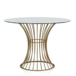 COSMOLiving By COSMOPOLITAN Westwood Modern Clear Tempered Glass Round Top Dining Table With Hourglass Gold Base - Brass