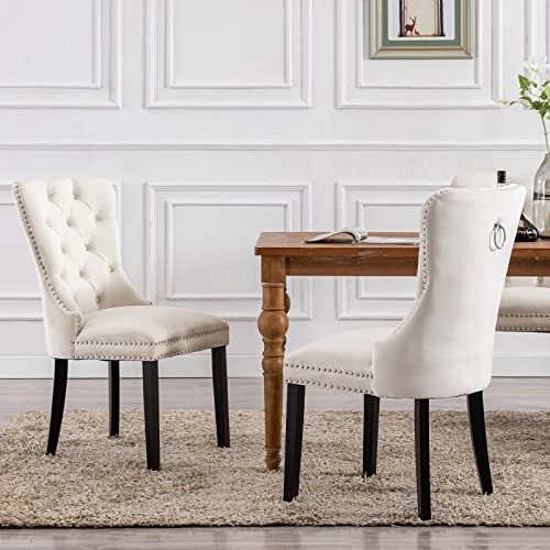 Chairus Dining Chairs Set Of 2 With Tufted High Back, Velvet Upholstered Dining Room Chairs Modern Elegant Nailhead Trim Ring Pull - Ivory 2PCS 3 Chairus Dining Chairs Set Of 2 With Tufted High Back, Velvet Upholstered Dining Room Chairs Modern Elegant Nailhead Trim Ring Pull - Ivory 2PCS