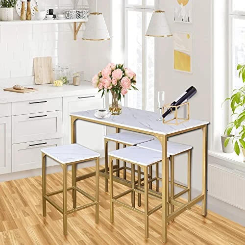AT-VALY 5-Piece Bar Table Set With 4 Stools,Dining Room Table Set,Small Spaces (Gold & White) 4 AT-VALY 5-Piece Bar Table Set With 4 Stools,Dining Room Table Set,Small Spaces (Gold & White) - Image 2