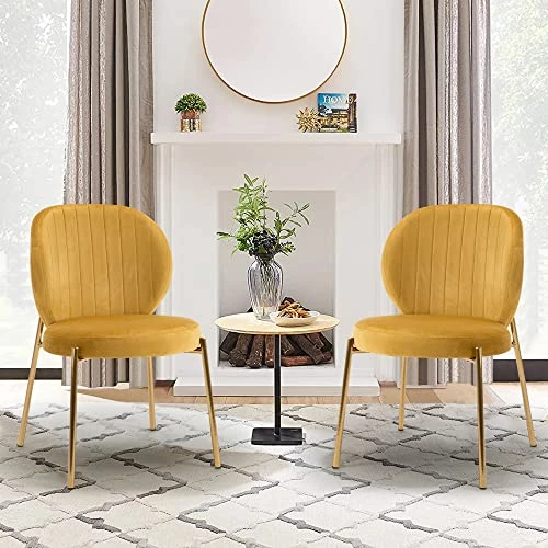 DAGONHIL Velvet Dining Chair,Upholstered Vanity Chairs With Golden Metal Leg,Set Of 2 (Yellow) 5 DAGONHIL Velvet Dining Chair,Upholstered Vanity Chairs With Golden Metal Leg,Set Of 2 (Yellow) - Image 3