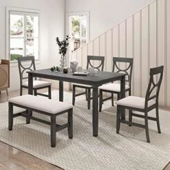Harper & Bright Designs 6-Piece Dining Set With Bench, Farmhouse Rustic Kitchen Table Set With Wood Table, Bench And 4 Cross Back Dining Chairs, White+Cherry -Home Table Chair Store 51z3f9TWuML. AC