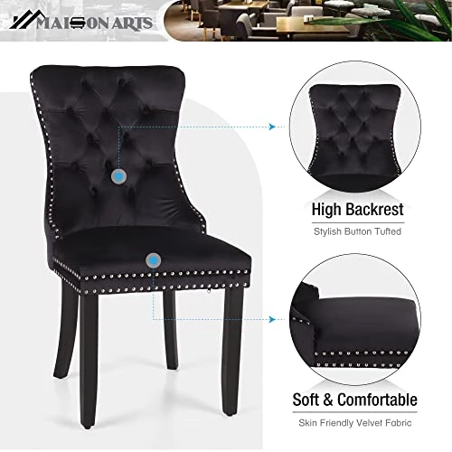 MAISON ARTS Velvet Tufted Dining Chairs Set Of 4, Upholstered Dining Room Chairs With Ring Pull Trim & Button Back Modern Dinner Chairs With Solid Wood Legs For Kitchen Dining Room (Black,4pcs) 6 MAISON ARTS Velvet Tufted Dining Chairs Set Of 4, Upholstered Dining Room Chairs With Ring Pull Trim & Button Back Modern Dinner Chairs With Solid Wood Legs For Kitchen Dining Room (Black,4pcs) - Image 4