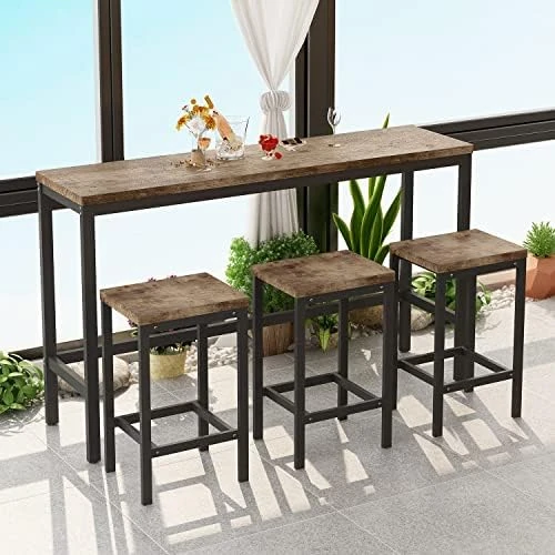 Harper & Bright Designs 4-Piece Counter Height Table Set With 2 Drawers And Socket, Mulitpurpose Rustic Bar Dining Table Set With 3 Leather Padded Stools (Espresso) 17 Harper & Bright Designs 4-Piece Counter Height Table Set With 2 Drawers And Socket, Mulitpurpose Rustic Bar Dining Table Set With 3 Leather Padded Stools (Espresso) - Image 15