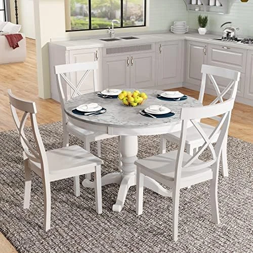 5 Piece Round Dining Table Set, Marble Top Kitchen Table Sets Dinette Set For 4 Include Marble Veneer Round Kitchen Table And 4 Chairs For Small Space (White) 8 5 Piece Round Dining Table Set, Marble Top Kitchen Table Sets Dinette Set For 4 Include Marble Veneer Round Kitchen Table And 4 Chairs For Small Space (White) - Image 6