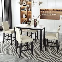 P PURLOVE Faux Marble Style 6 Piece Dining Table Set Marble Stickers MDF Top Kitchen Table With 4 Thicken Cushion Chairs And A Bench, For Home Living Room (White) -Home Table Chair Store 61DcrQD80qL. AC