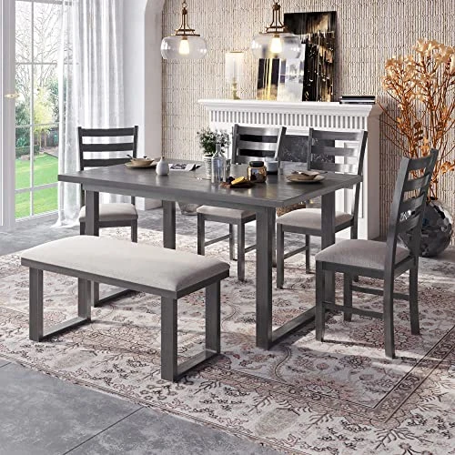 Aprilsoul 6-Pieces Simple Style Family Furniture, Solid Wood Set With Rectangular Table & 4 Chairs With Bench, A Stable Frame And A Long Lifespan, For Dining Room, Gray 3 Aprilsoul 6-Pieces Simple Style Family Furniture, Solid Wood Set With Rectangular Table & 4 Chairs With Bench, A Stable Frame And A Long Lifespan, For Dining Room, Gray