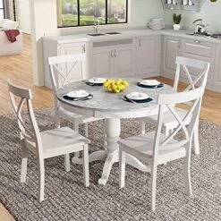 Merax 5 Piece Kitchen Dining Table Set, Wood Round Dining Table Set With Extendable Table And 4 Upholstered Chairs For Dining Room And Living Room, Functional Furniture Retro Style (Natural) -Home Table Chair Store 61TKs0pS6L. AC