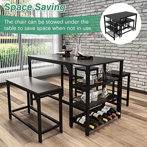 Rxicdeo Dining Table Set For 4, Kitchen Table Set With 1 Bench And 2 Chairs, Dining Room Table With Wine Rack And Storage Shelf, Breakfast Table Space-Saving Dinette For Kitchen, Dining Room (Black) 4 Rxicdeo Dining Table Set For 4, Kitchen Table Set With 1 Bench And 2 Chairs, Dining Room Table With Wine Rack And Storage Shelf, Breakfast Table Space-Saving Dinette For Kitchen, Dining Room (Black) - Image 2