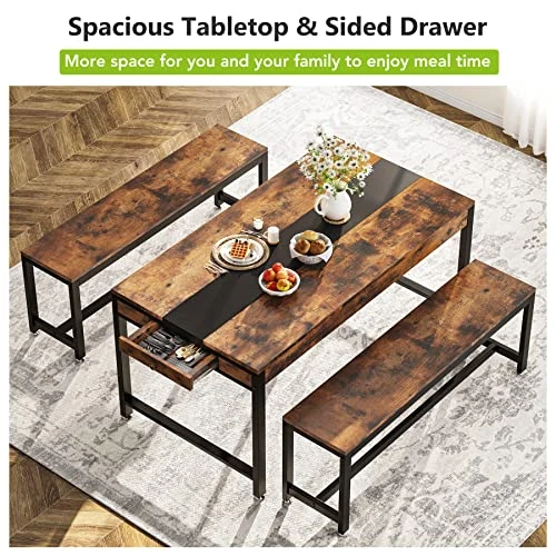 Tribesigns Dining Table Set For 4 To 6, 63 Inch Kitchen Breakfast Table With 2 Benches & Sided Drawer, 3-Piece Modern Industrial Bar Table Furniture Set For Dining Room, Home, Rustic Brown & Black 5 Tribesigns Dining Table Set For 4 To 6, 63 Inch Kitchen Breakfast Table With 2 Benches & Sided Drawer, 3-Piece Modern Industrial Bar Table Furniture Set For Dining Room, Home, Rustic Brown & Black - Image 3