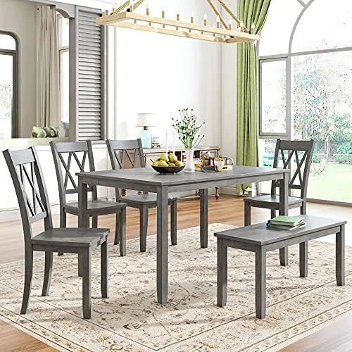 LZ LEISURE ZONE 6 Piece Wooden Dining Table Set With Bench And 4 Dining Chairs, Kitchen Table Set Family Furniture For 6 People (Antique Graywash) 8 LZ LEISURE ZONE 6 Piece Wooden Dining Table Set With Bench And 4 Dining Chairs, Kitchen Table Set Family Furniture For 6 People (Antique Graywash) - Image 6